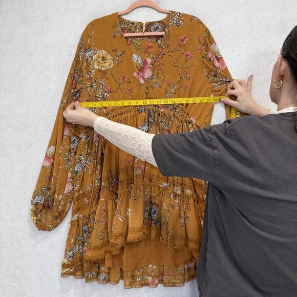 Free People Blouse Womens Large Multicolor Floral Tiered Long Sleeve Tunic Boho - Picture 4 of 10